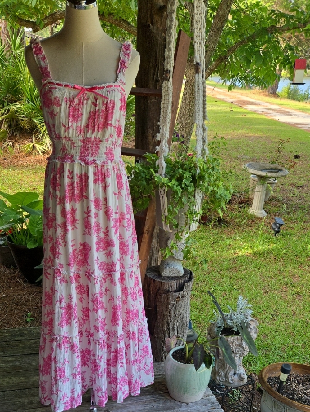 Inspired Hearts White Maxi Dress with Pink Floral Print
